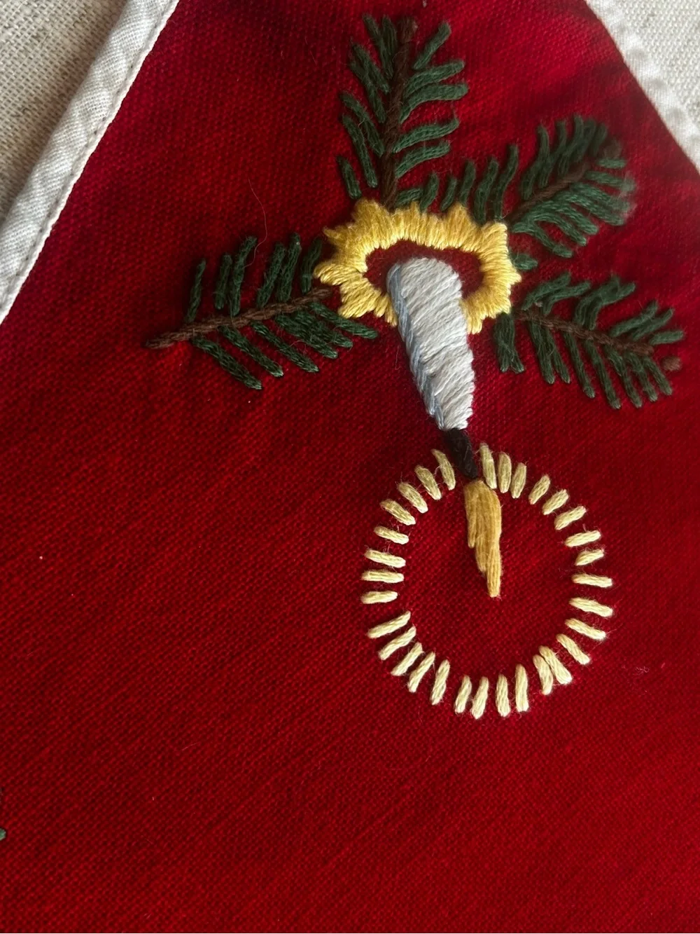 Embroidered Red Star Holiday Table Accent with Candle Motifs